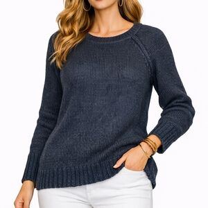 Orvis Chunky Knit Women's Navy Sweater Medium Small Long Sleeve Crew Neck